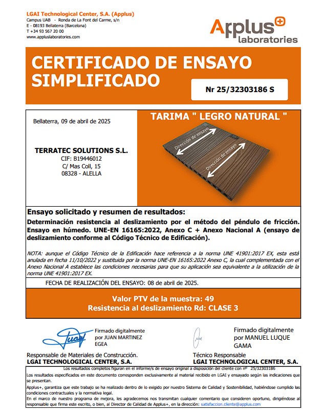 Informes de reacción al fuego del sistema de terraza Legro